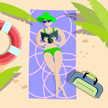 Manzara, yaz tatili, afiş. Genç kadınlar rahatlar, sahilde mutlu vakit geçirirler. Vektör karikatür çizimi. Yaz dönemi posteri. Düz tasarım, moda tarzı. 