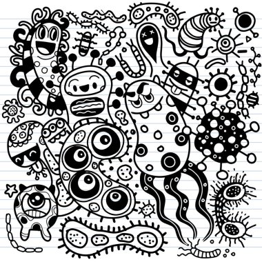 Bakteriler ve mikroplar ana hatları, mikroorganizmalar hastalıklara neden olan nesneler, farklı tipler, bakteriler, virüsler. Vektör karalama biçimi. 