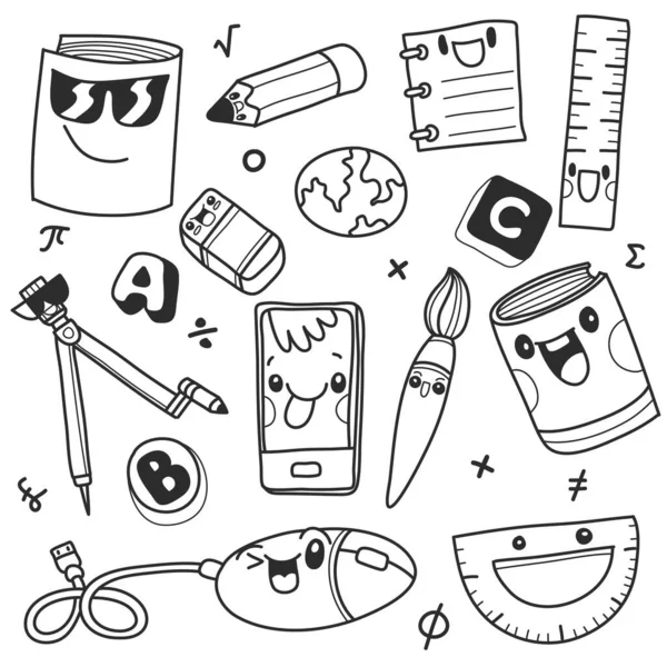 Clipart Bonito Escola Vector Doodle Ícones Escola Símbolos Objetos Educativos — Vetor de Stock