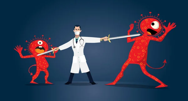 Vektor Illustration Bekämpa Covid Corona Virus Bota Koronavirus Läkare Bekämpar — Stock vektor