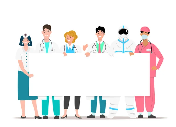 这个快乐的医疗队举着一块白色的标牌 上面有空间复制健康广告的文字横幅 平行线样式的矢量插图 — 图库矢量图片