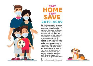 Aile çocuklarını ve onları COVID-19 virüsünden koruyor ve maske takıp virüslerin yayılmasını engelliyor. Baba, anne, kız, oğul cerrahi maske takıyor. Coronavirus karantinası. Vektör illüstrasyonu