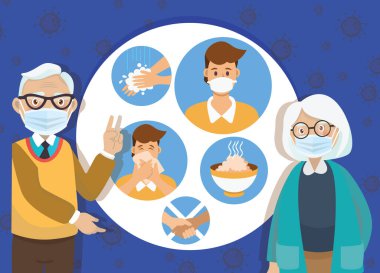 Coronavirus COVID-19 önleme bilgileri. Yaşlı Adam ve Yaşlı Kadın önleme yöntemlerinin bilgisini almak için parmak kaldırıyorlar.