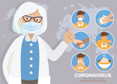 Coronavirus (COVID-19) önlemeleri. Doktor Infographic 'i açıklar, yüz maskesi takar, ellerini yıkar, sıcak yiyecekler yer ve risk almaktan kaçınır. Vektör çizimi. Coronavirüs salgını ve önleme fikirleri.