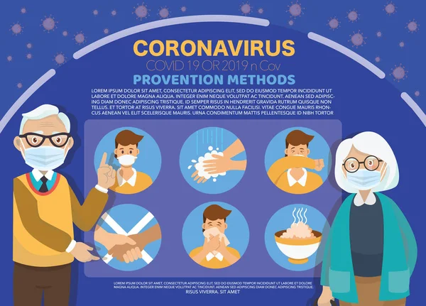 Coronavirus Covid Prevenzione Infografica Old Man Old Woman Puntano Dito — Vettoriale Stock