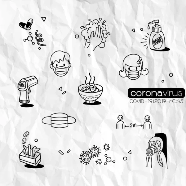 Vector Illustration Doodle Cute Covid Corona Virus Doodle Element Infographic — Stock Vector