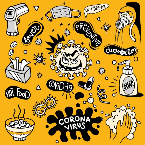 Vector Illustration Doodle Cute Covid Corona Virus Doodle Element Infographic — Stock Vector