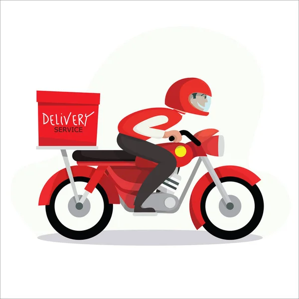 Kırmızı scooter çizimine binen teslimatçı. Yemek dağıtan adam, vektör çizimi.