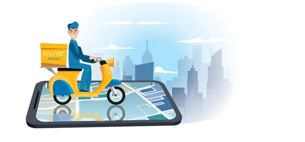 运送食物的摩托车 城市景观与食品快递驾驶自行车快速运送病媒的概念 带有送货员的智能手机 智能手机 包裹递送 Internet Delivery Idea Vector — 图库矢量图片