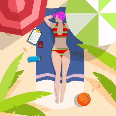 Manzara, yaz tatili, afiş. Genç kadınlar rahatlar, sahilde mutlu vakit geçirirler. Vektör karikatür çizimi. Yaz dönemi posteri. Düz tasarım, moda tarzı. 