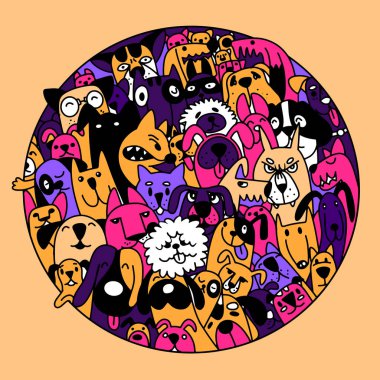 Karalama köpekleri renkli arkaplanlarla, Doodle 'ın El Çizimi Resimleri