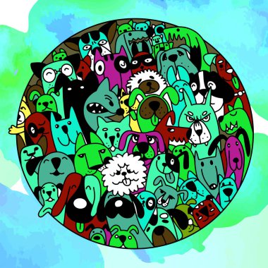 Karalama köpekleri renkli arkaplanlarla, Doodle 'ın El Çekimi Vektör Resimleriyle karşı karşıya