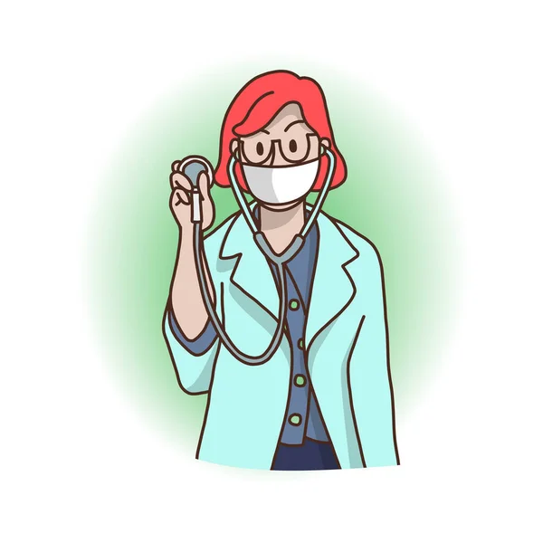 手に聴診器を持つ医師は コロナウイルスから保護するためにマスクを着用してください 武漢コロナウイルスイラストイラスト 武漢肺炎 Covid — ストックベクタ