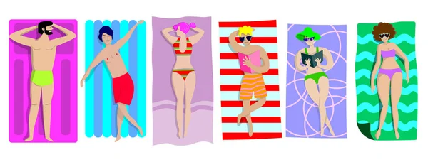 Young People Sunbathing Beach Set Top View Lying Men Women — Stock Vector