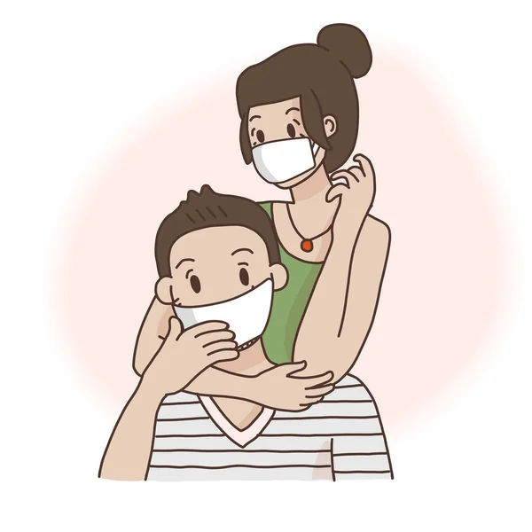 Pasangan Memakai Topeng Untuk Melindungi Dari Virus Corona Ilustrasi Wuhan - Stok Vektor