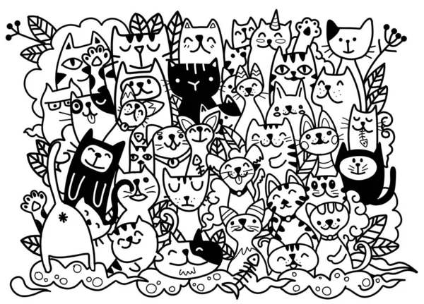 Doodle Gatos Cara Colorido Fondo Dibujado Mano Vector Gato Caracteres — Vector de stock