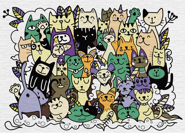 Doodle Katzen Gesicht Bunten Hintergrund Hand Gezeichnet Vektor Cat Characters — Stockvektor