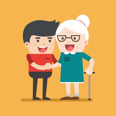 Genç gönüllü adam yaşlı kadın için bakım Illustration. Ma