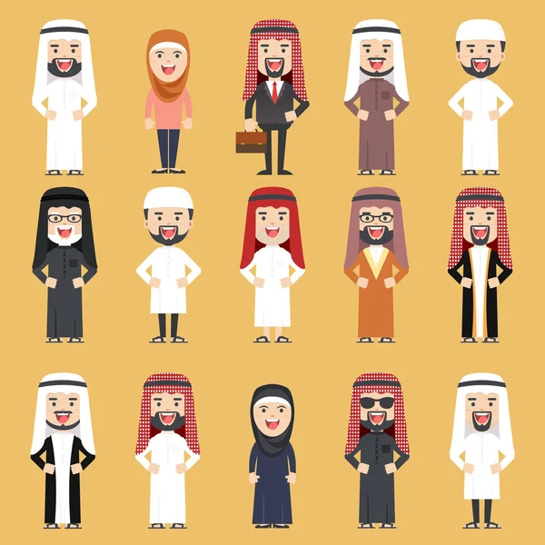 Kelompok orang yang berbeda dalam pakaian tradisional Arab. Vek Datar - Stok Vektor