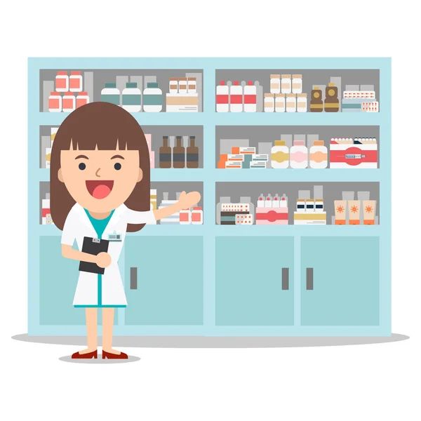 Farmacéutica en una farmacia frente a los estantes con medici — Vector de stock