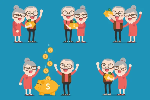 Senior people with golden piggy bank, Pension — Stock Vector