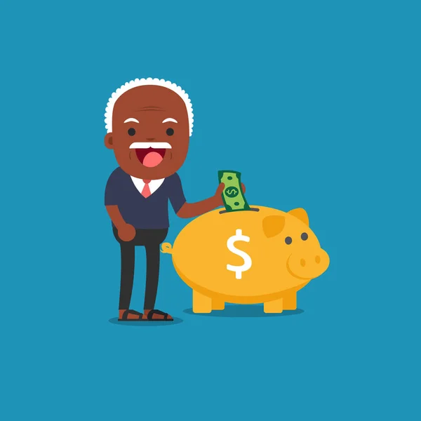 African american people - Old man with golden piggy bank, Pensio — Stock Vector