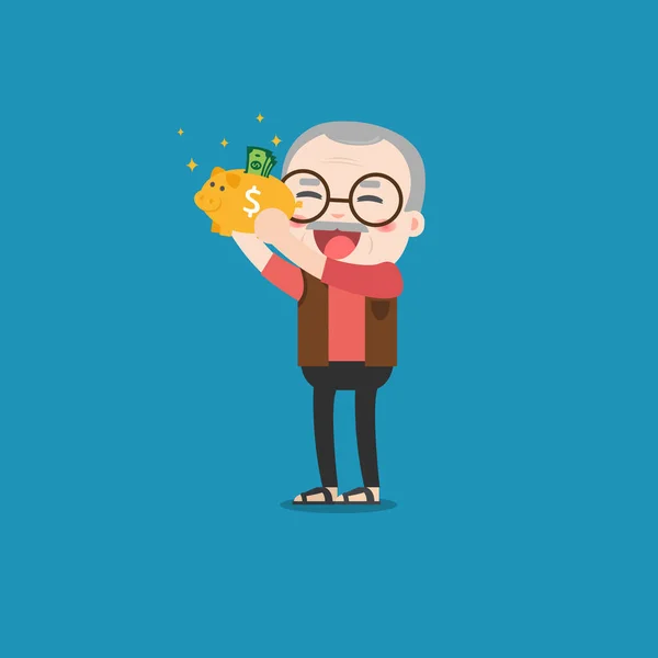 Old man with golden piggy bank, Pension — Stock Vector