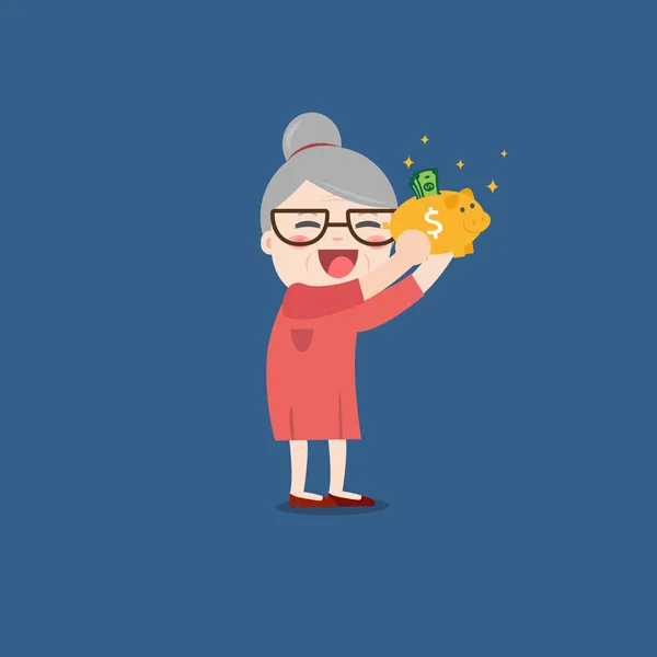 Grandma with golden piggy bank, Pension — Stock Vector