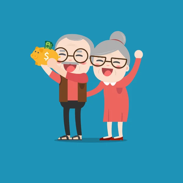 Personas mayores con alcancía dorada, Pensiones — Archivo Imágenes Vectoriales