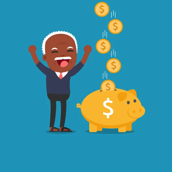 African american people - Old man with golden piggy bank, Pensio — Stock Vector