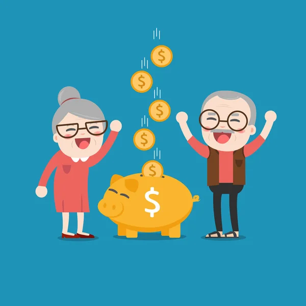 Senior people with golden piggy bank, Pension — Stock Vector