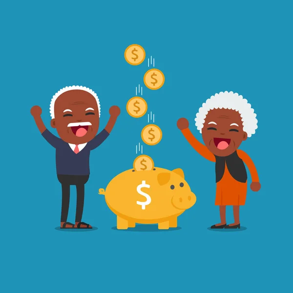 African american people - Senior people with golden piggy bank, — Stock Vector