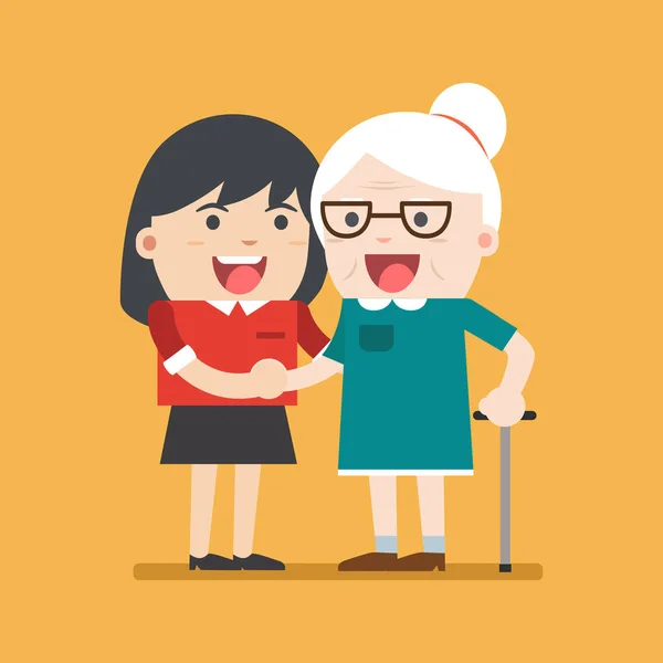 Ilustracja młody wolontariusz kobiety opieki nad starszą kobietę. — Wektor stockowy