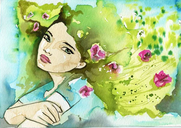 Watercolor portrait of a woman. — Stock Photo, Image