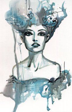 Güzel bir kadının suluboya portre.