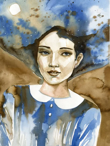 Akvarell Porträtt Vacker Kvinna — Stockfoto