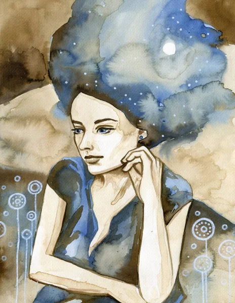 Watercolor Portrait Beautiful Woman — Stock Photo, Image