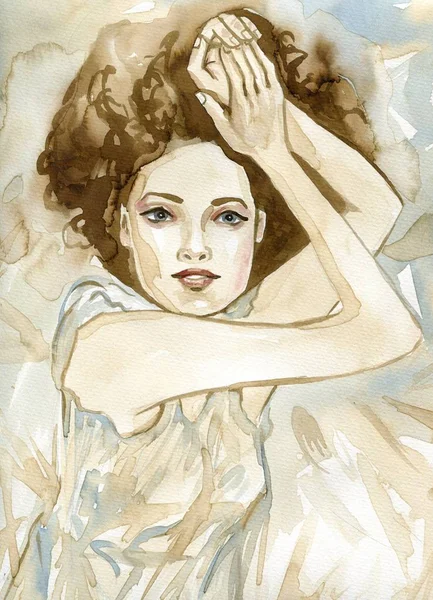 Watercolor Portrait Beautiful Woman — Stock Photo, Image