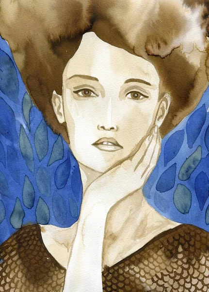 美しい女性の水彩画の肖像画 — ストック写真