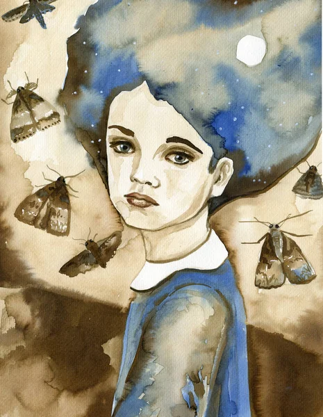 Retrato Aquarela Uma Criança Azul Marrom — Fotografia de Stock