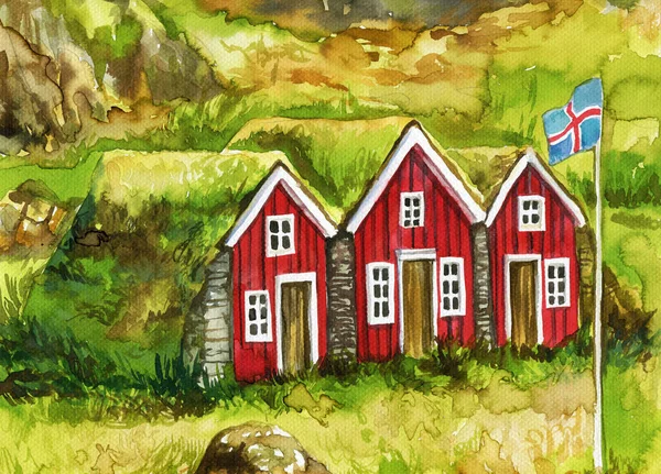 Akvarellmålning Visar Traditionell Island Konstruktion — Stockfoto