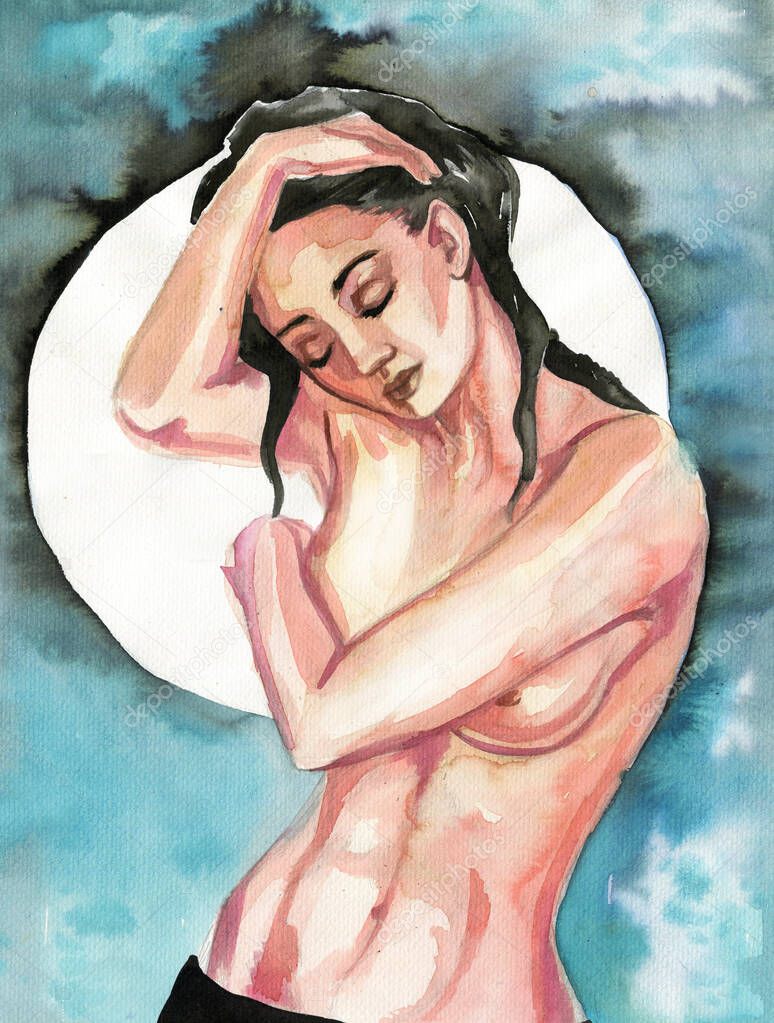 Illustration depicting a watercolor portrait of a staring woman.