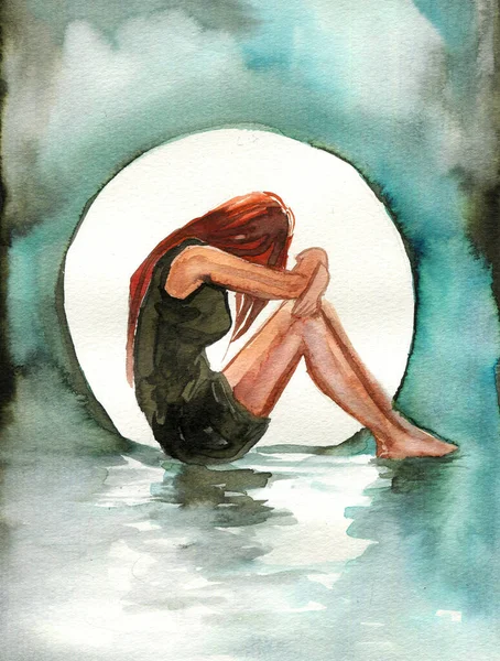 Watercolor Illsutration Depicting Sad Girl Background Moon — Stock Photo, Image