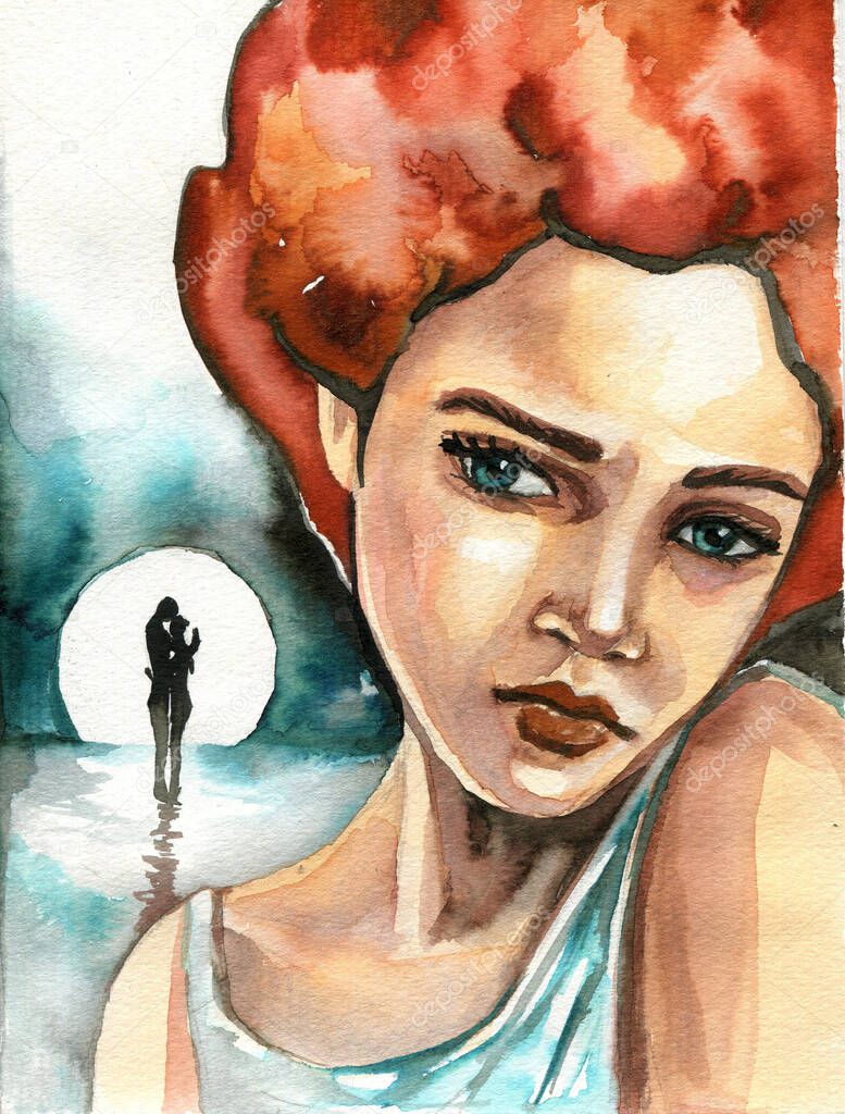 Watercolor illsutration depicting a sad girl on the background of the moon.
