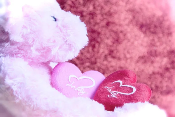 Teddybär mit Herz auf rotem Hintergrund, Konzept valentine — Stockfoto