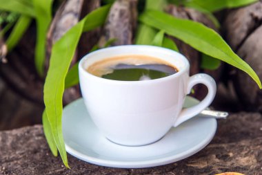 ahşap masa üstünde kahve çekirdekleri ile taze kahve