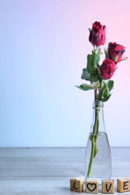  Kalp ve ahşap alfabe ile kırmızı gül