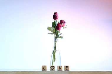  Kalp ve ahşap alfabe ile kırmızı gül