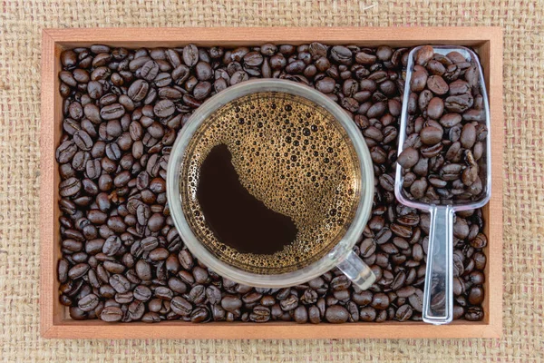 Tasse à café et grains de café en boîte — Photo