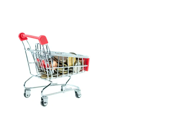 Shopping cart with coins isolated — Stock Photo, Image